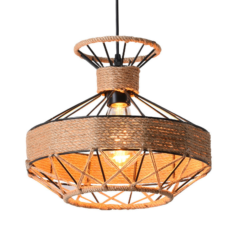 Beige 1-licht suspensielamp traditionele touw granaat kooi hangende plafondverlichting voor eetzaal