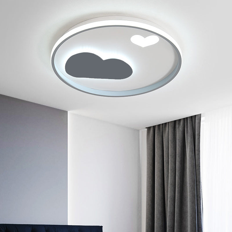 Round Flush Light Fixture Contemporary Metallic Black/White LED Ceiling Mounted Light with Cloud and Heart Pattern in Warm/White Light