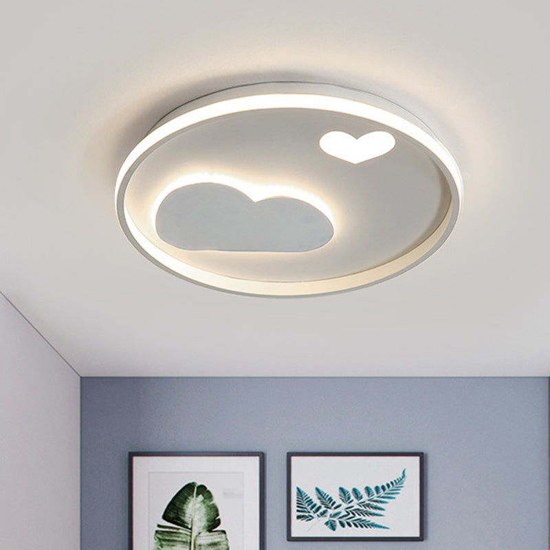 Round Flush Light Fixture Contemporary Metallic Black/White LED Ceiling Mounted Light with Cloud and Heart Pattern in Warm/White Light