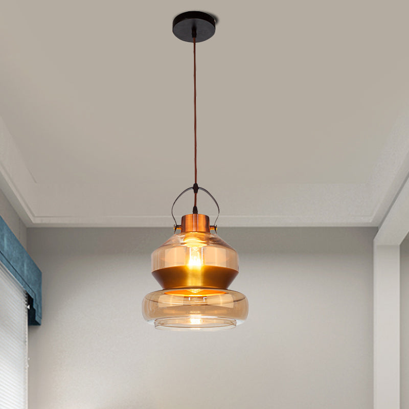 Loft Gourd/Schoolhouse/Mushroom Pendant Single Head Amber Glass Hanging Ceiling Lighting for Dining Hall