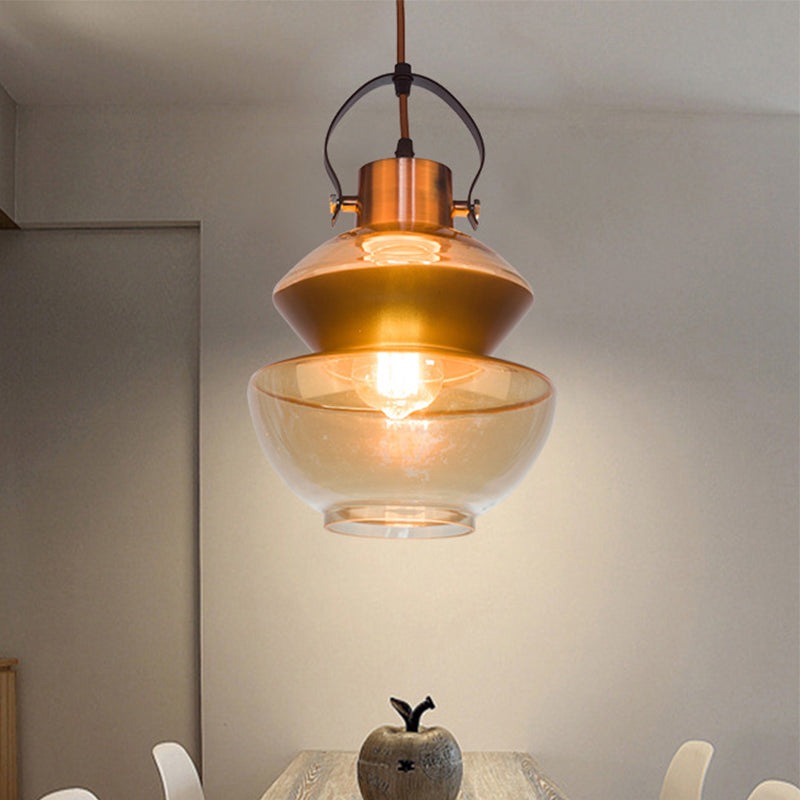 Loft Gourd/Schoolhouse/Mushroom Pendant Single Head Amber Glass Hanging Ceiling Lighting for Dining Hall