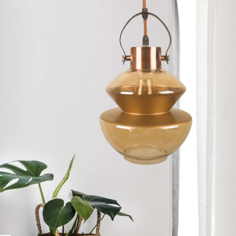 Loft Gourd/Schoolhouse/Mushroom Pendant Single Head Amber Glass Hanging Ceiling Lighting for Dining Hall