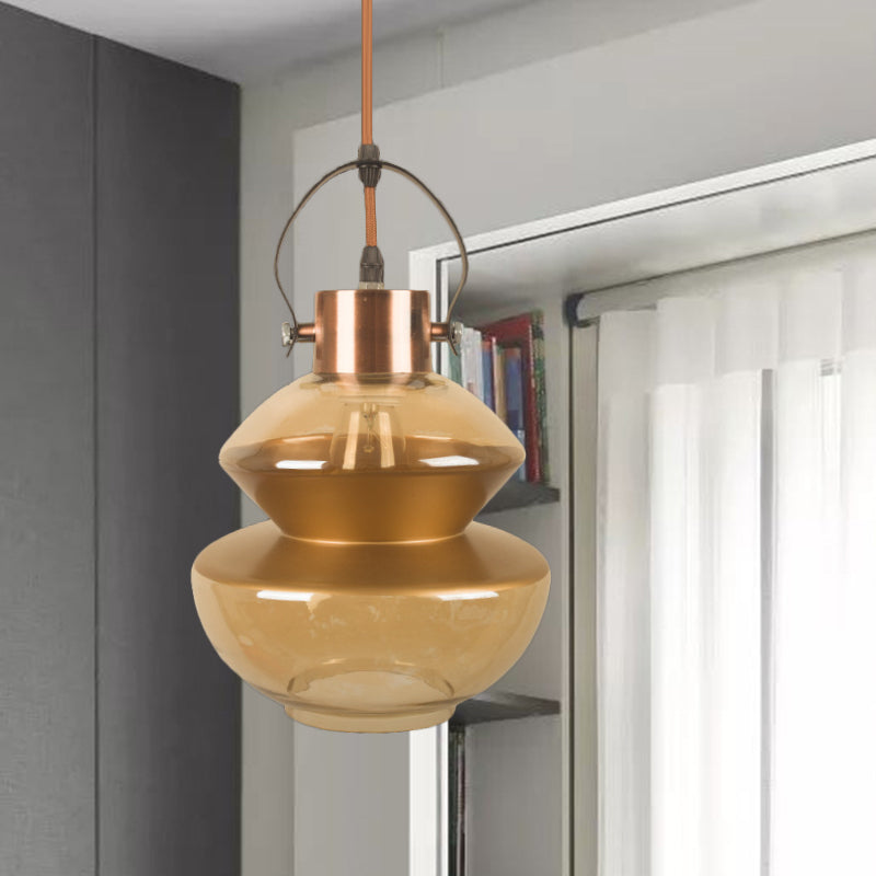 Loft Gourd/Schoolhouse/Mushroom Pendant Single Head Amber Glass Hanging Ceiling Lighting for Dining Hall