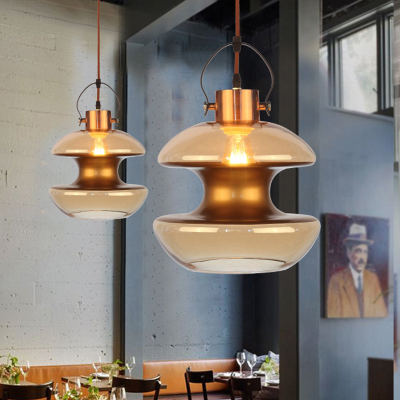 Loft Gourd/Schoolhouse/Mushroom Pendant Single Head Amber Glass Hanging Ceiling Lighting for Dining Hall