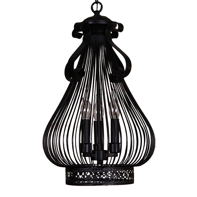 3 Lights Pendant Chandelier Loft Style Gourd-Like Metal Candle Hanging Lamp Kit in Black