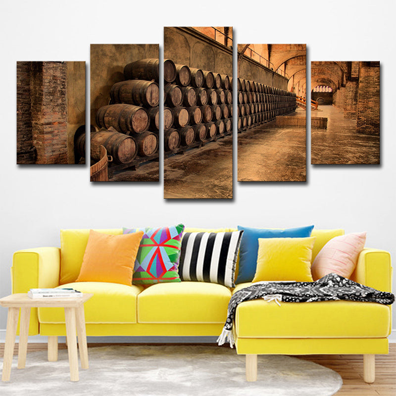 Modern Stacked Wine Barrels Art Print Brown Multi-Piece Wall Decoration for Kitchen