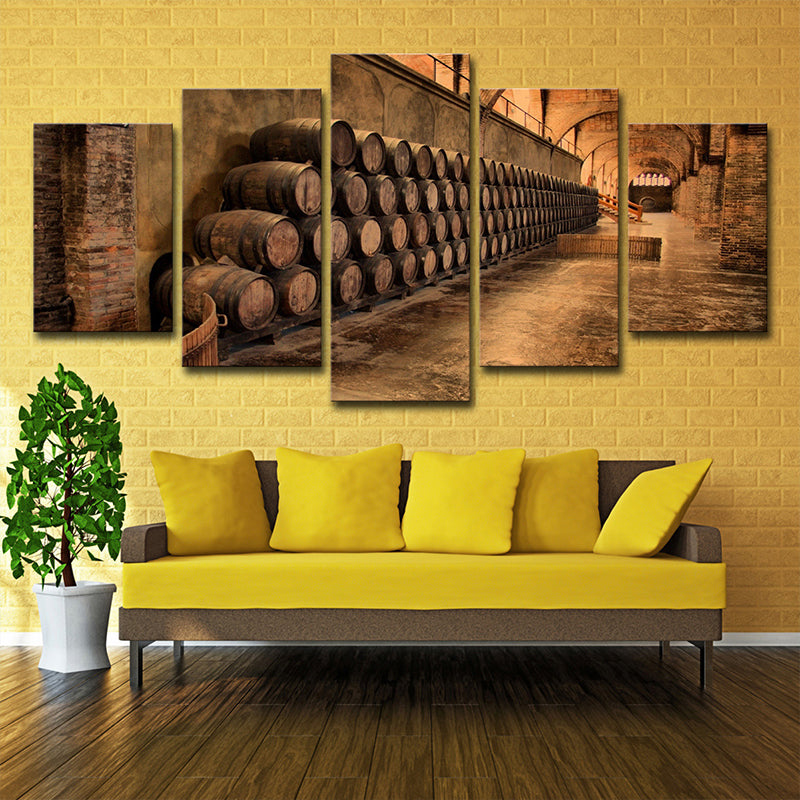 Modern Stacked Wine Barrels Art Print Brown Multi-Piece Wall Decoration for Kitchen