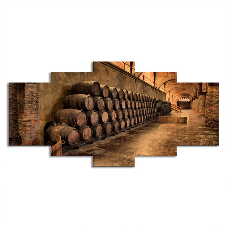 Modern Stacked Wine Barrels Art Print Brown Multi-Piece Wall Decoration for Kitchen