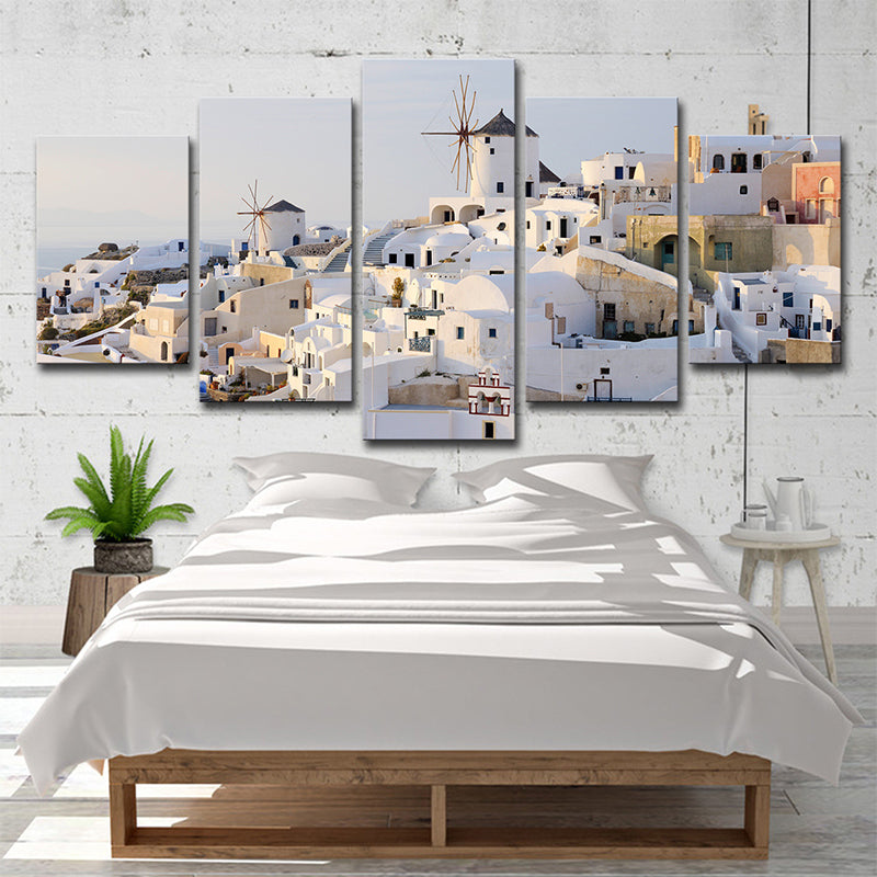 White Santorini Houses Wall Art Multi-Piece Global Inspired Bedroom Canvas Print