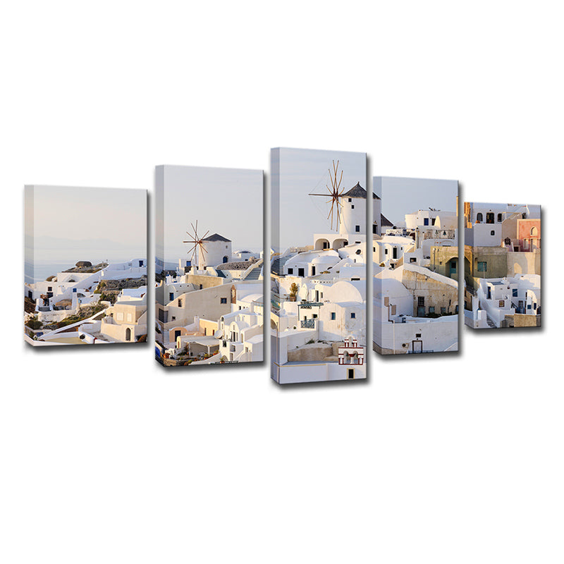 White Santorini Houses Wall Art Multi-Piece Global Inspired Bedroom Canvas Print