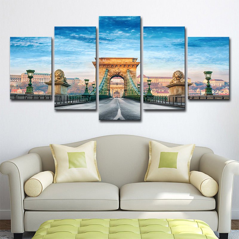 Modern Budapest Chain Bridge Canvas Blue Multi-Piece Wall Art for Family Room