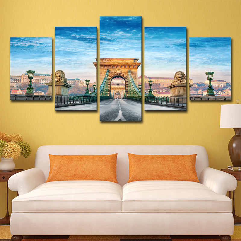 Modern Budapest Chain Bridge Canvas Blue Multi-Piece Wall Art for Family Room