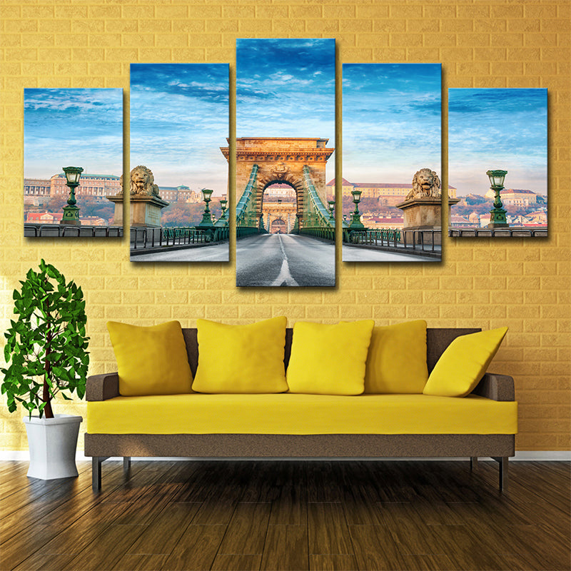 Modern Budapest Chain Bridge Canvas Blue Multi-Piece Wall Art for Family Room