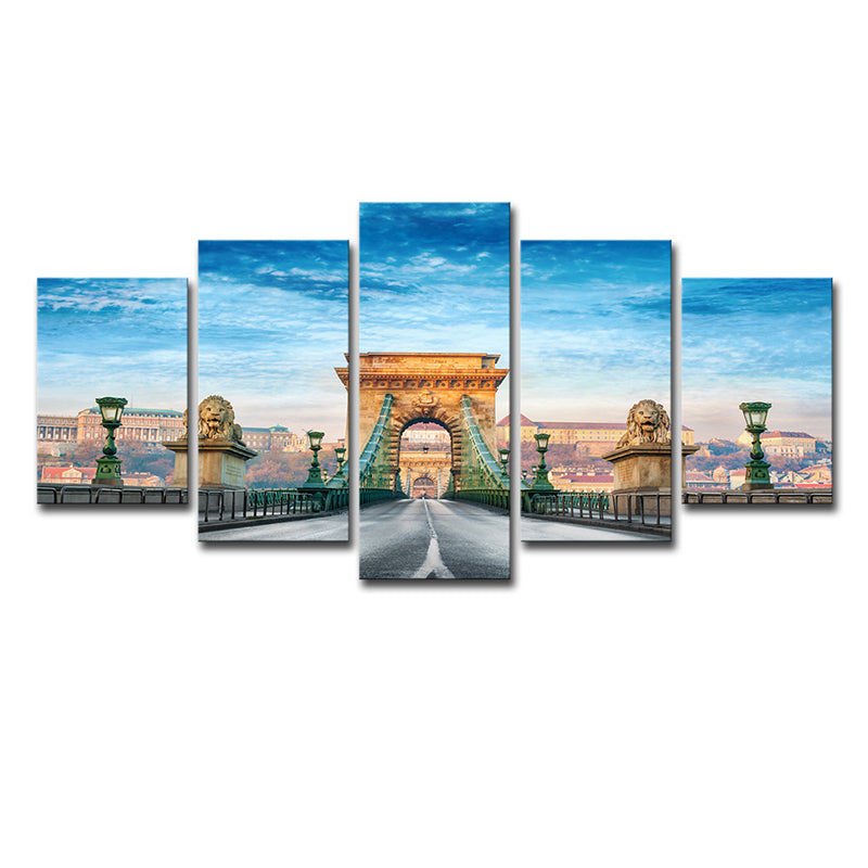 Modern Budapest Chain Bridge Canvas Blue Multi-Piece Wall Art for Family Room