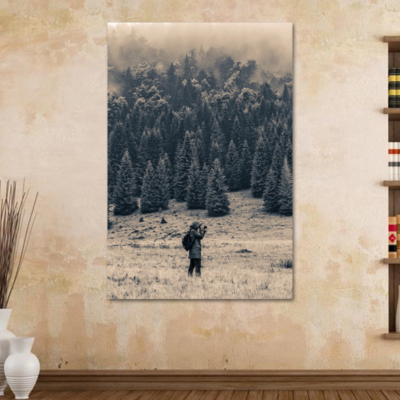 Meadow and Misty Forest Art Print Black Vintage Canvas for Dining Room, Textured