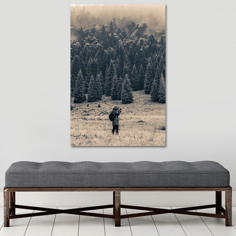 Meadow and Misty Forest Art Print Black Vintage Canvas for Dining Room, Textured