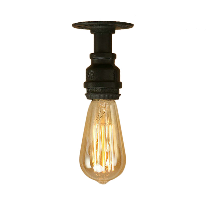 1 Bulb Piping Semi Flush Light with Bare Bulb Industrial Black Metallic Mini Semi Flush Light for Corridor