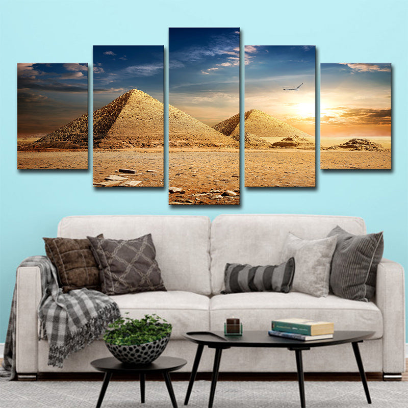 Pyramids Sundown View Wall Art Print Gold Global Inspired Canvas for Living Room