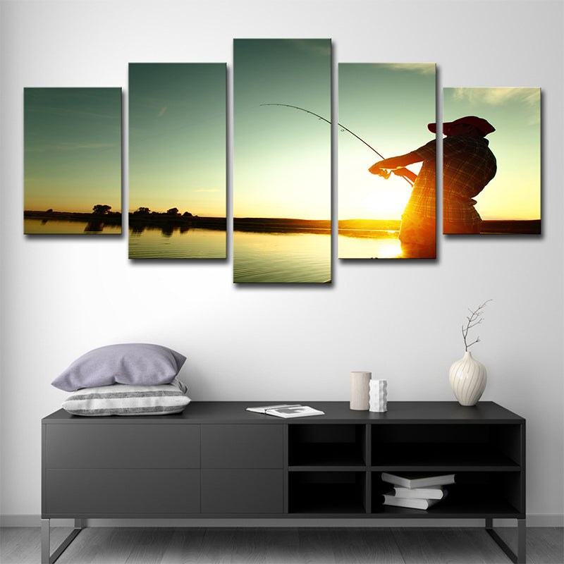 Entertainment Fishing at Sunset Canvas Modernism Multi-Piece Wall Art in Blue