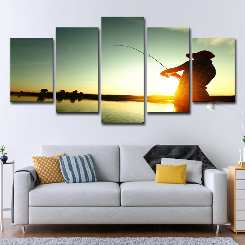 Entertainment Fishing at Sunset Canvas Modernism Multi-Piece Wall Art in Blue