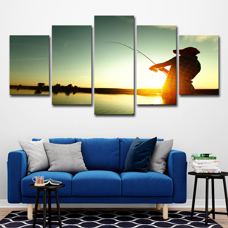 Entertainment Fishing at Sunset Canvas Modernism Multi-Piece Wall Art in Blue