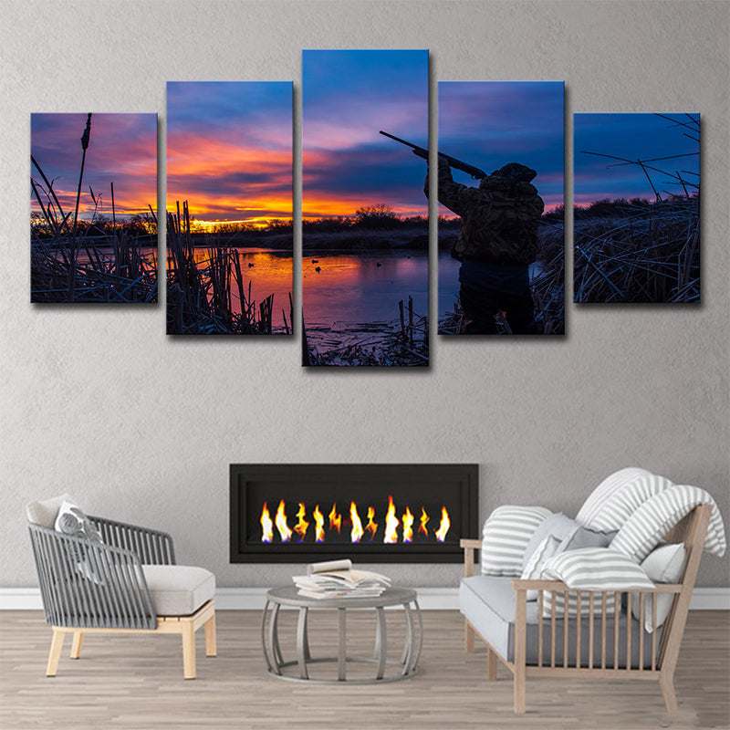 Hunting with Evening Glow Art Print Modernist Multi-Piece Sitting Room Wall Decor in Blue