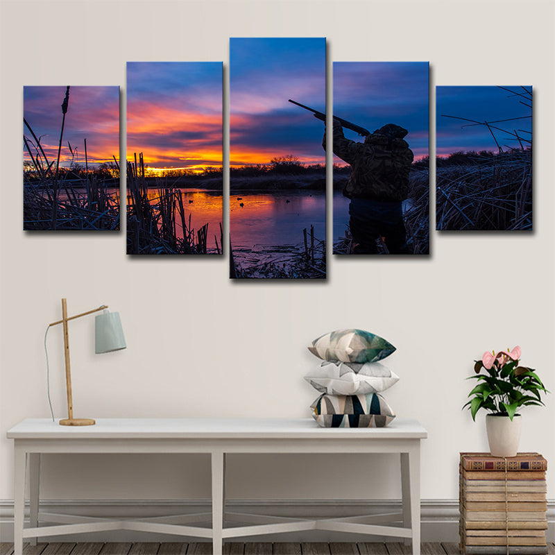 Hunting with Evening Glow Art Print Modernist Multi-Piece Sitting Room Wall Decor in Blue