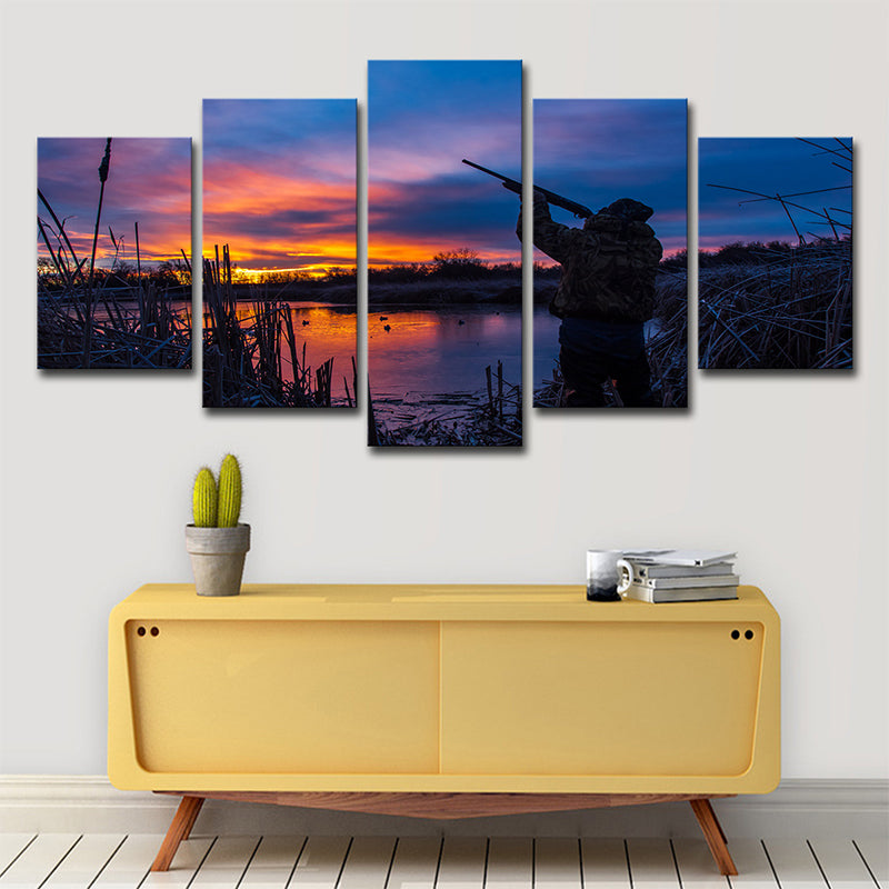 Hunting with Evening Glow Art Print Modernist Multi-Piece Sitting Room Wall Decor in Blue