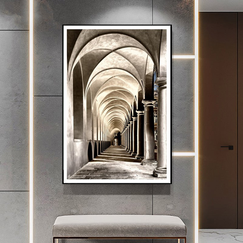 Fortress Arched Way Canvas Print Textured Contemporary Corridor Wall Art in Grey