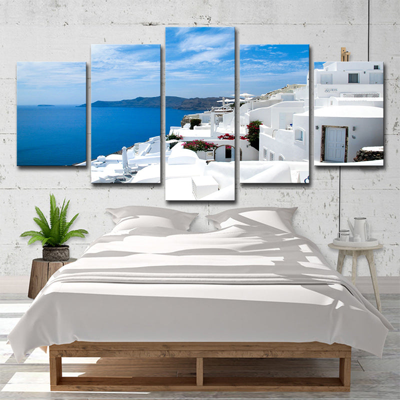 Global Inspired Seascape Wall Art White and Blue Santorini Island Canvas Print for Bedroom