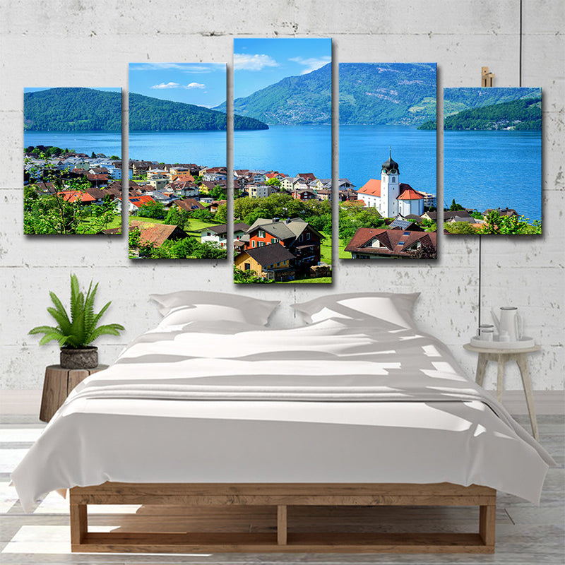 Lake Lucerne Scenery Wall Art Multi-Piece Global Inspired Bedroom Canvas Print in Blue