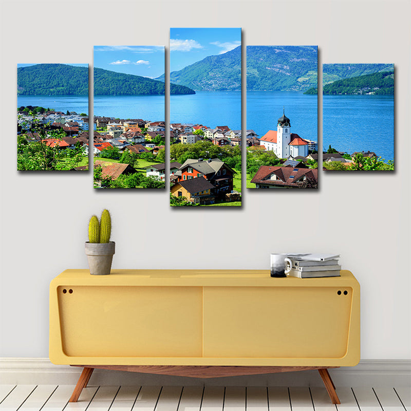 Lake Lucerne Scenery Wall Art Multi-Piece Global Inspired Bedroom Canvas Print in Blue