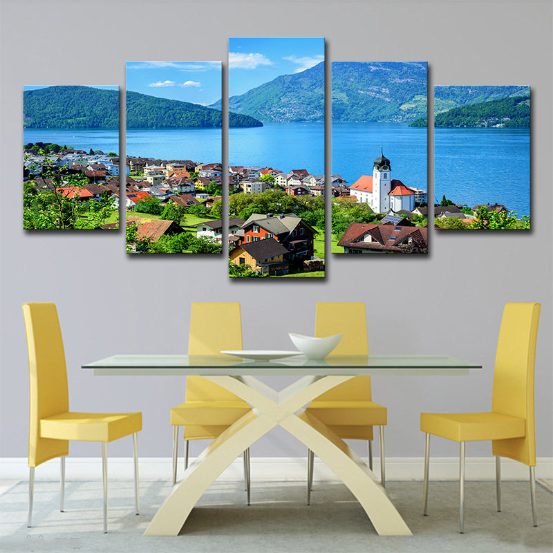 Lake Lucerne Scenery Wall Art Multi-Piece Global Inspired Bedroom Canvas Print in Blue