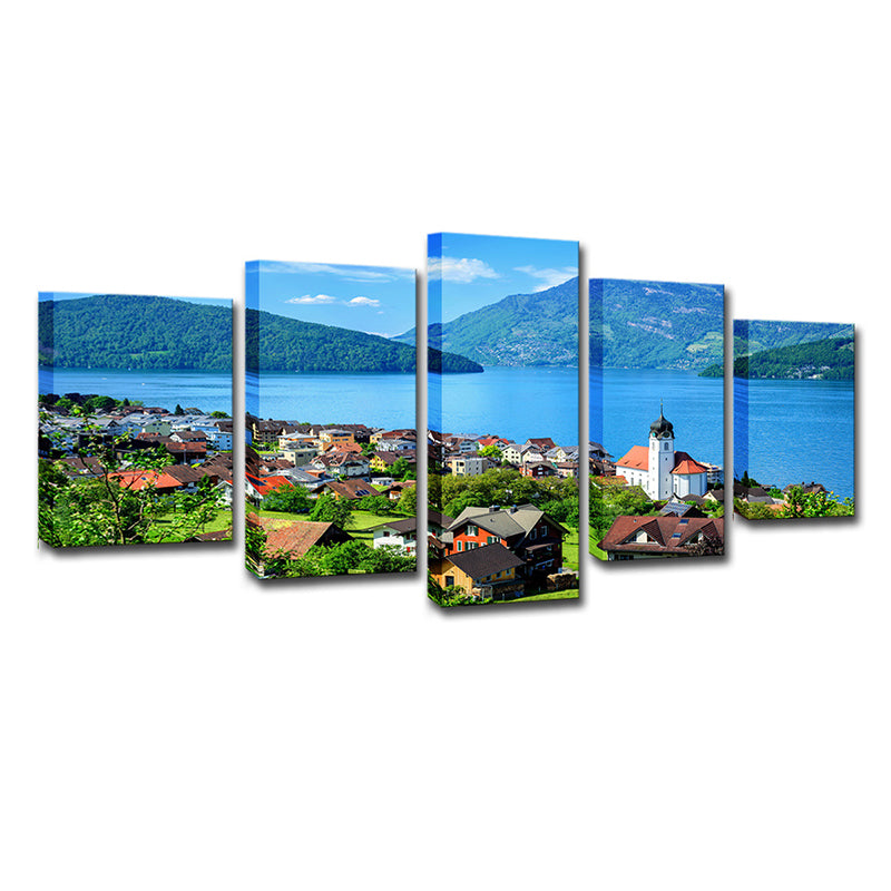 Lake Lucerne Scenery Wall Art Multi-Piece Global Inspired Bedroom Canvas Print in Blue