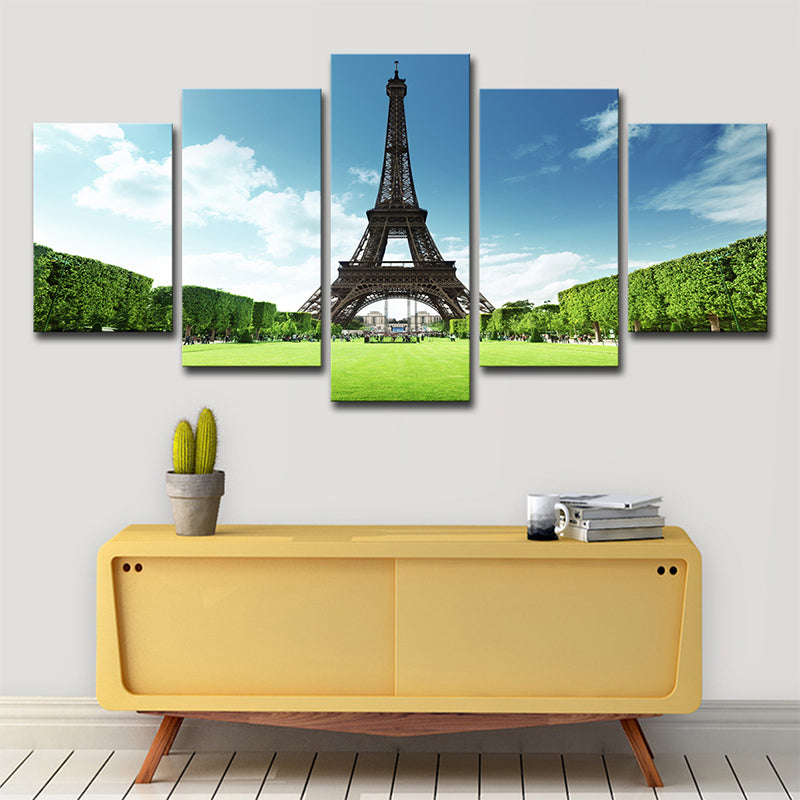 Canvas Multi-Piece Art Print Global Inspired Front View of Eiffel Tower and Grassland Wall Decor