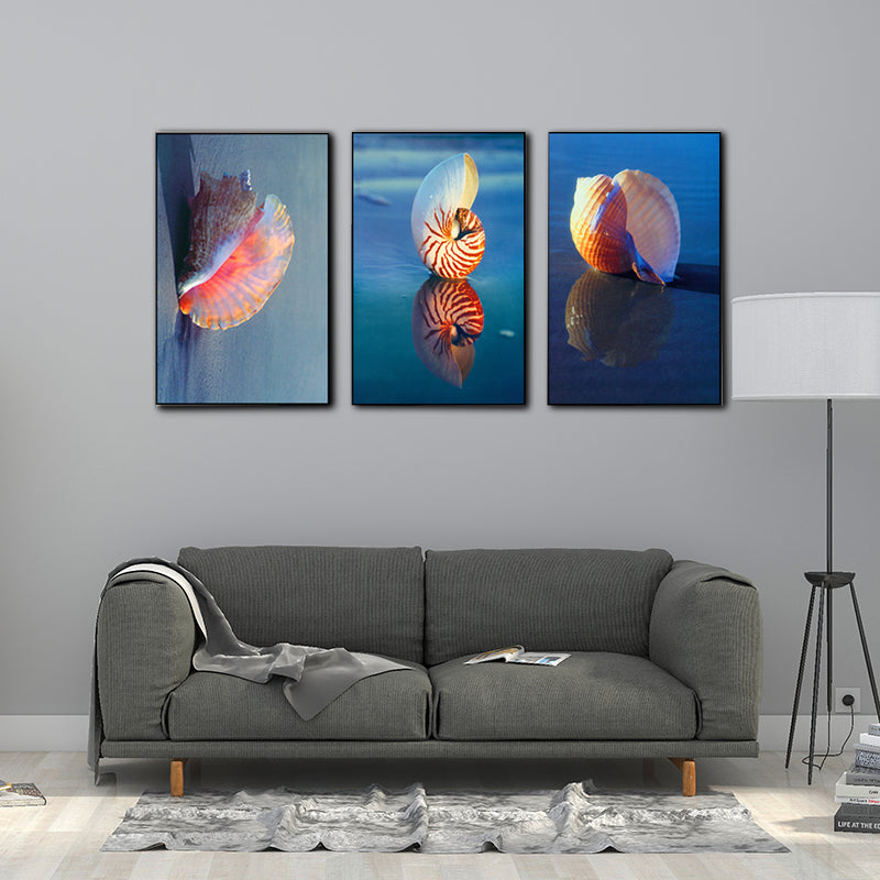 Photo Printed Sea Shell Canvas Wall Art for Living Room, Blue and Pink, Set of 3