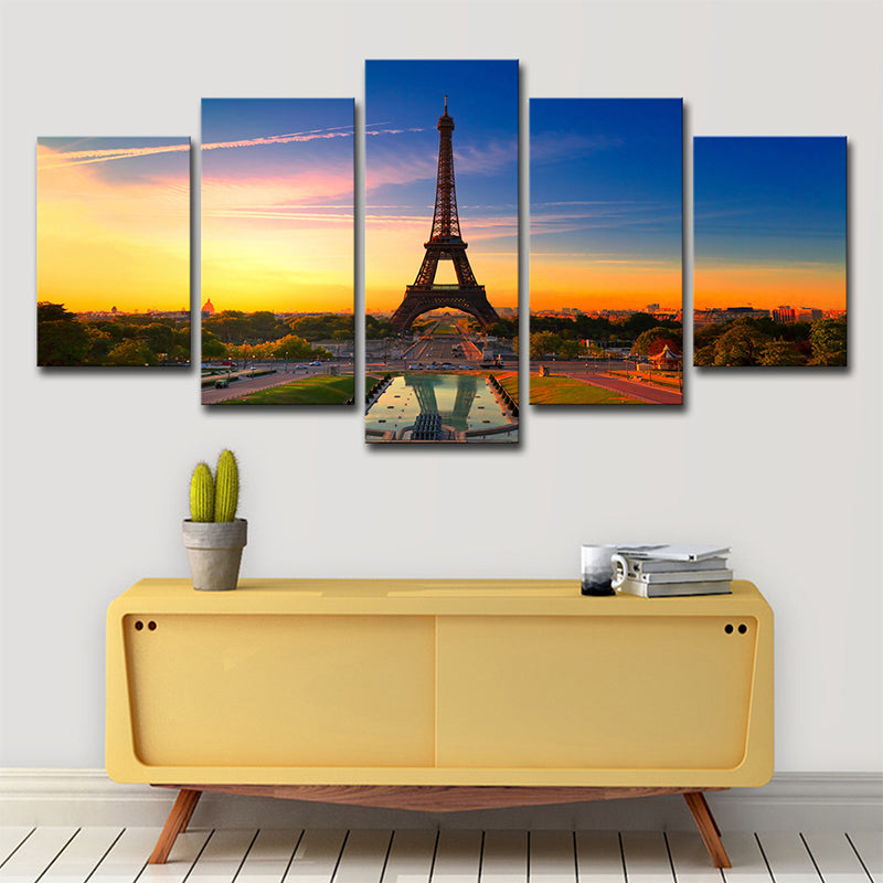 Photography Global Inspired Wall Art with Eiffel Tower and Evening Glow Scenery, Blue