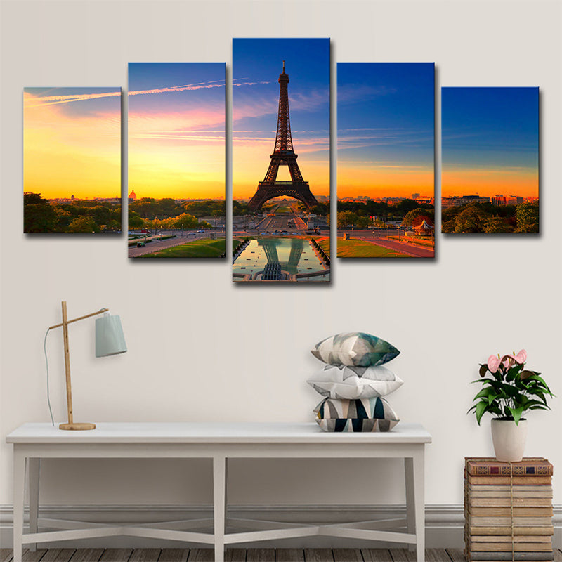 Photography Global Inspired Wall Art with Eiffel Tower and Evening Glow Scenery, Blue