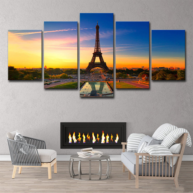 Photography Global Inspired Wall Art with Eiffel Tower and Evening Glow Scenery, Blue