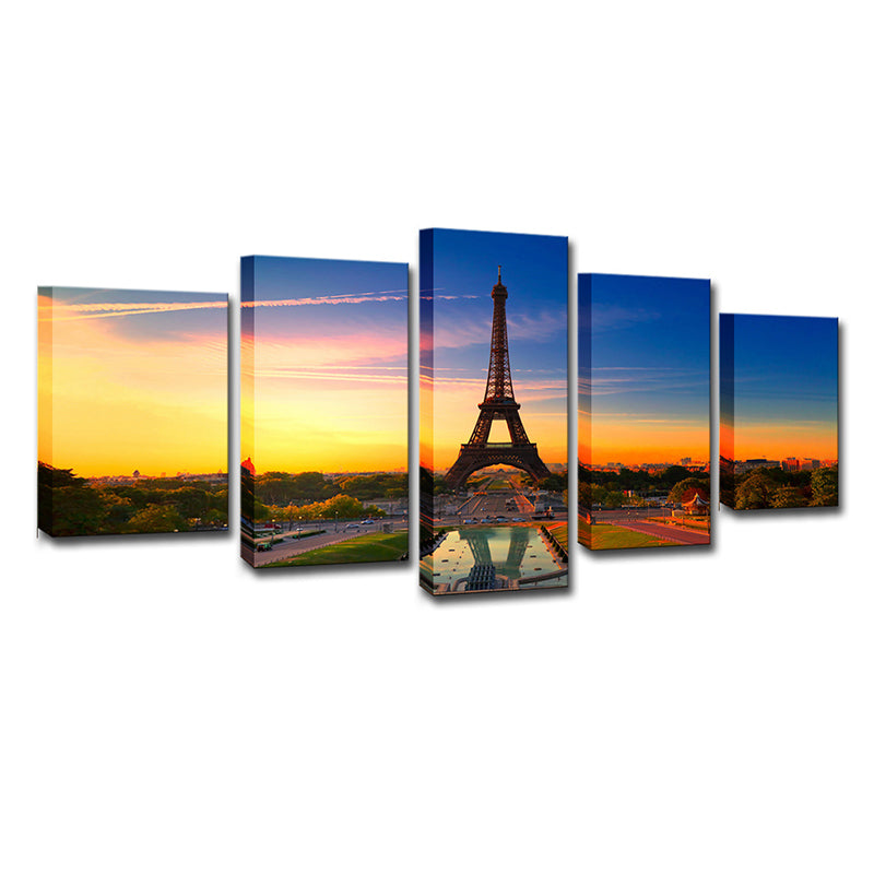 Photography Global Inspired Wall Art with Eiffel Tower and Evening Glow Scenery, Blue