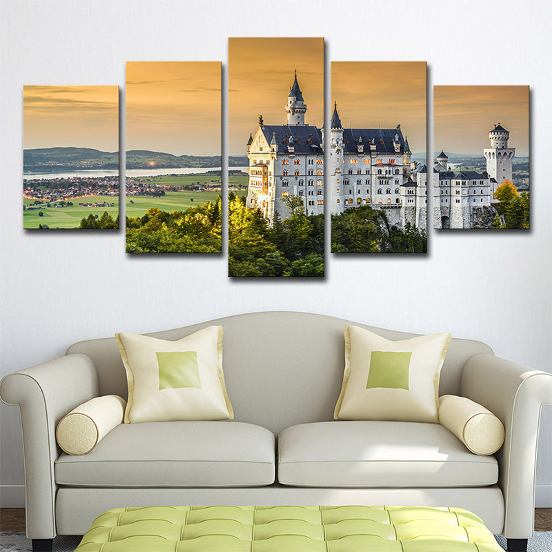 Modern Landmark Wall Art Print Green Schwanstein Castle with Sunset Glow View Canvas