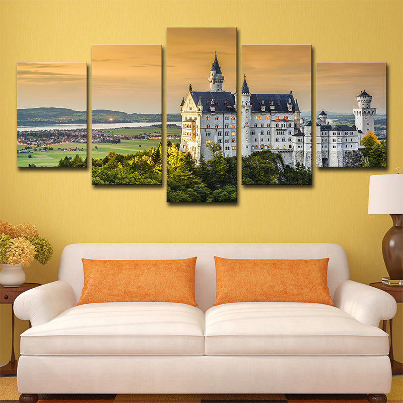 Modern Landmark Wall Art Print Green Schwanstein Castle with Sunset Glow View Canvas