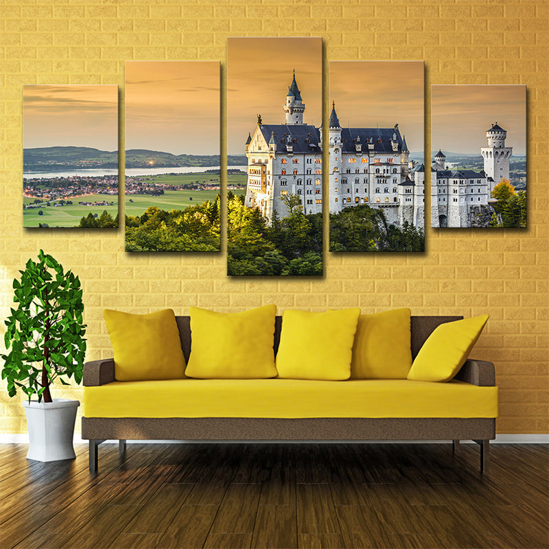 Modern Landmark Wall Art Print Green Schwanstein Castle with Sunset Glow View Canvas