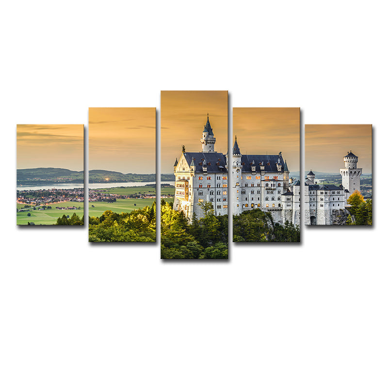 Modern Landmark Wall Art Print Green Schwanstein Castle with Sunset Glow View Canvas