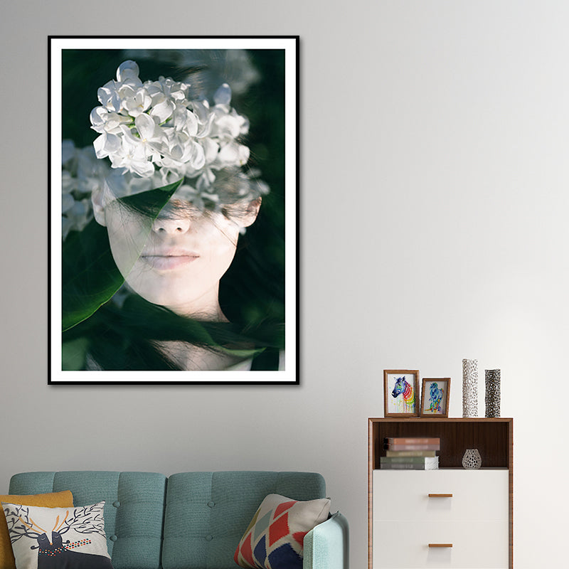 Photography Woman and Flowers Canvas Wall Art for Girls Bedroom, Green and White