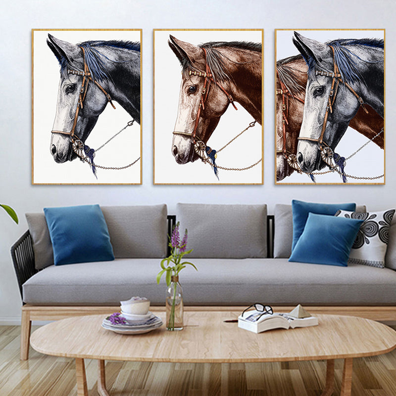 Farmhouse Steed Head Wall Art Print Brown Textured Canvas Painting for Living Room