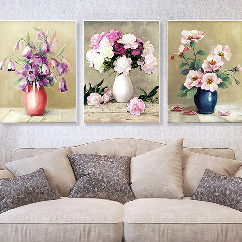 Flower and Vase Painting Canvas Modernism Textured Wall Art in Light Color