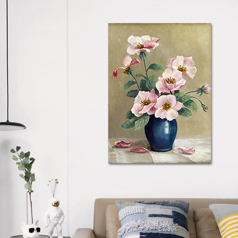 Flower and Vase Painting Canvas Modernism Textured Wall Art in Light Color