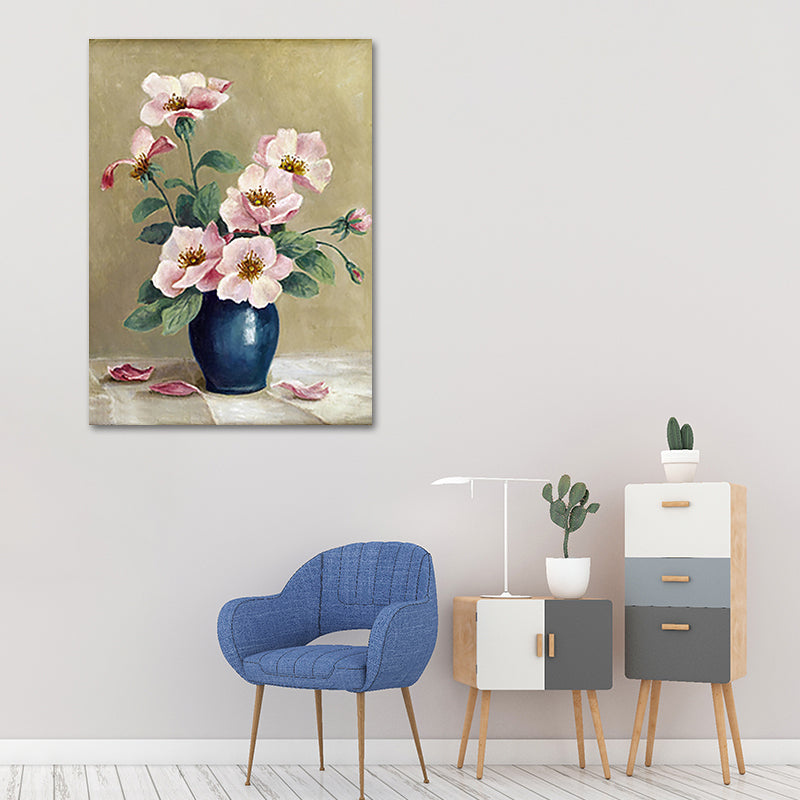 Flower and Vase Painting Canvas Modernism Textured Wall Art in Light Color