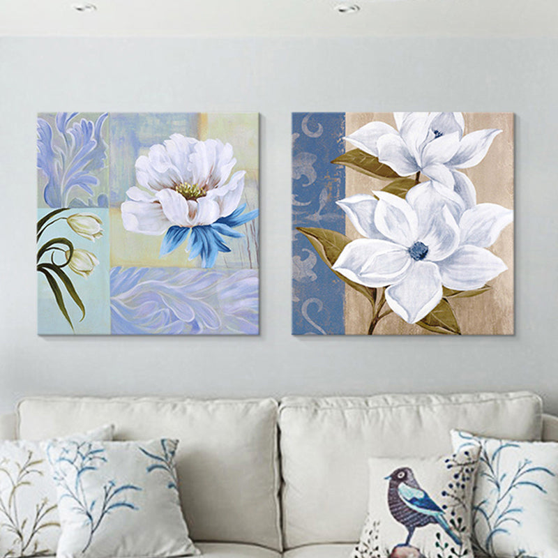 Flower Blossom Painting Canvas Blue and White Modernist Wall Art Set for House Interior